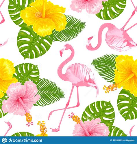 Seamless Pattern With Flamingo And Tropical Flowers Stock Vector