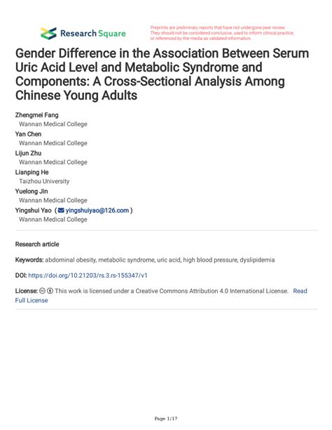 Pdf Gender Difference In The Association Between Serum Uric Acid Level And Metabolic Syndrome