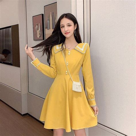 Chic Yellow Korean Long Sleeve Button Mini Vintage Dress Sf Mini