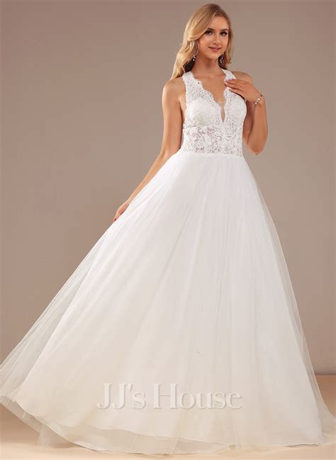 Ball Gown Princess V Neck Court Train Lace Tulle Wedding Dress With