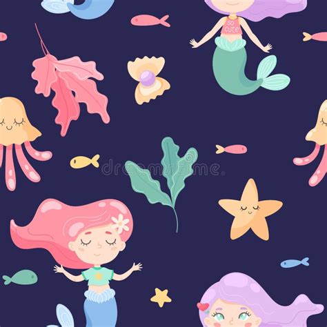 Vector Seamless Pattern With Cute Mermaids Jellyfishes Seaweed