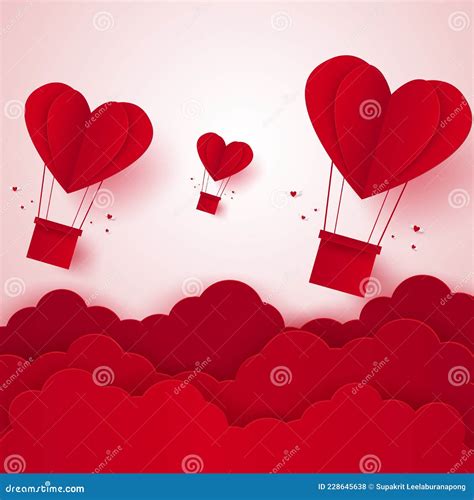 Valentines Day Illustration Of Love Hot Air Balloon In A Heart Shape Flying On Sky Stock