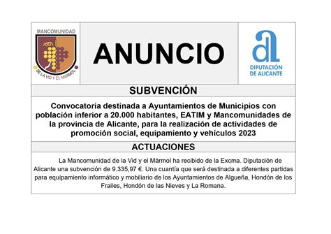 SUBVENCIÓN DE LA DIPUTACIÓN DE ALICANTE CONCEDIDA A LA MANCOMUNIDAD DE