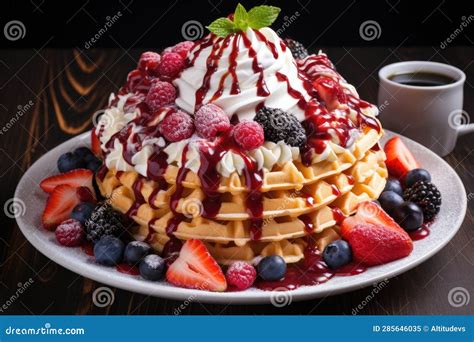 Waffles With Various Toppings Fruits Syrup And Whipped Cream Stock