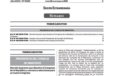 Lee Aqu El Decreto Supremo Que Disuelve El Congreso Y Convoca