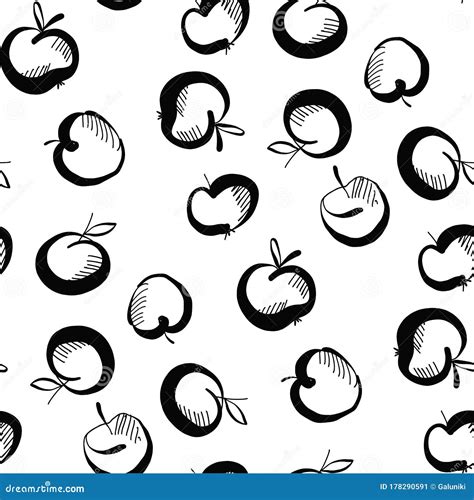 Sketch Black And White Cute Apple Seamless Pattern Stock Vector