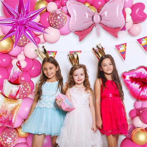 Barbie Princess Pink Balloon Garland Arch Kit Hot Pink Confetti 4D Star Lipstick Kiss Bow
