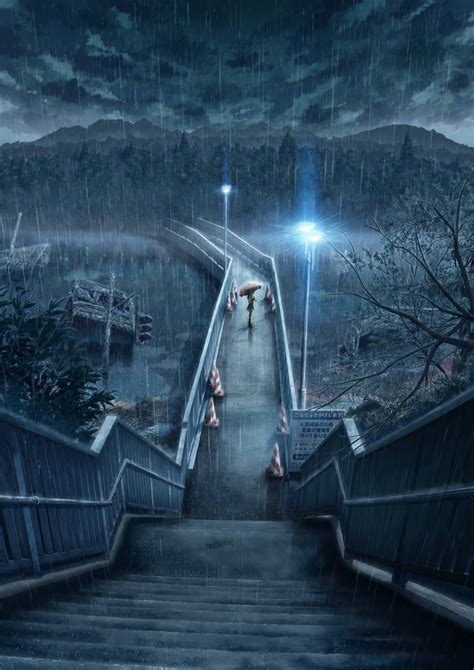 anime, Night, Heavy Rain, Rain, Umbrella, Bridge, Water, Trees, Anime ...