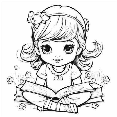 Adorable Girl Reading Book Outline For Coloring Illustration Premium