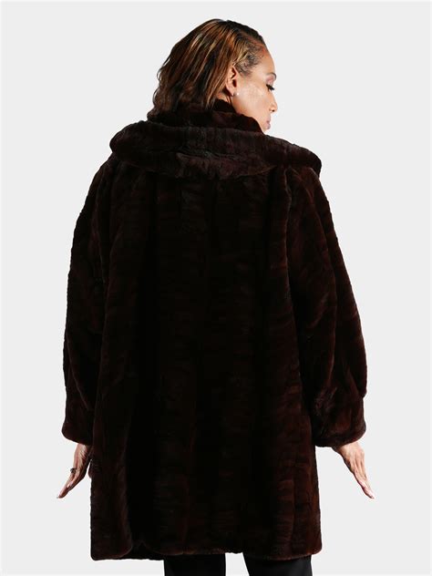 Plus Size Dark Brown Sheared Sculptured Mink Fur Hooded Stroller