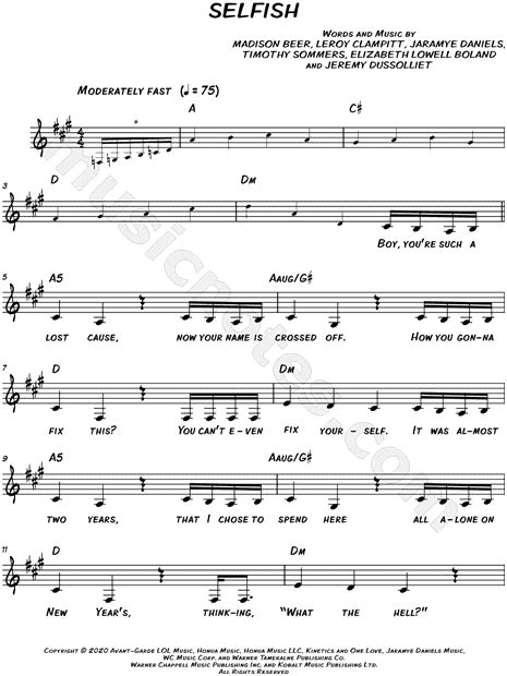 Madison Beer Selfish Sheet Music Leadsheet In A Major Transposable