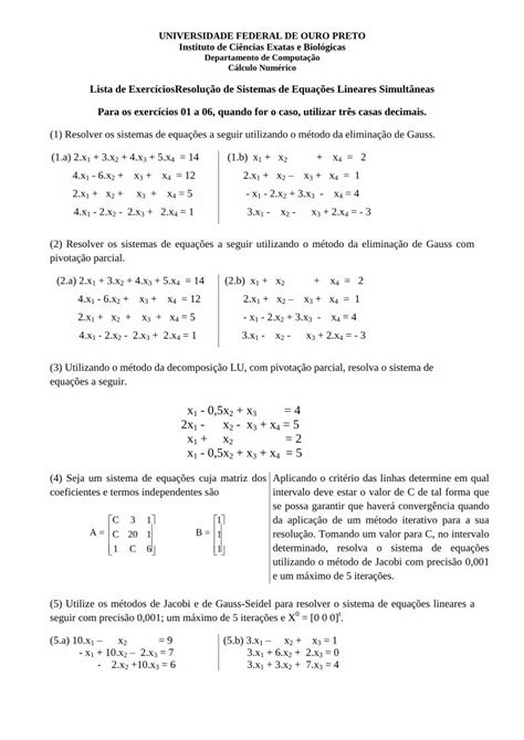 Pdf Lista De Exercícios Resolução De Sistemas De Equações · Lista De Exercíciosresolução