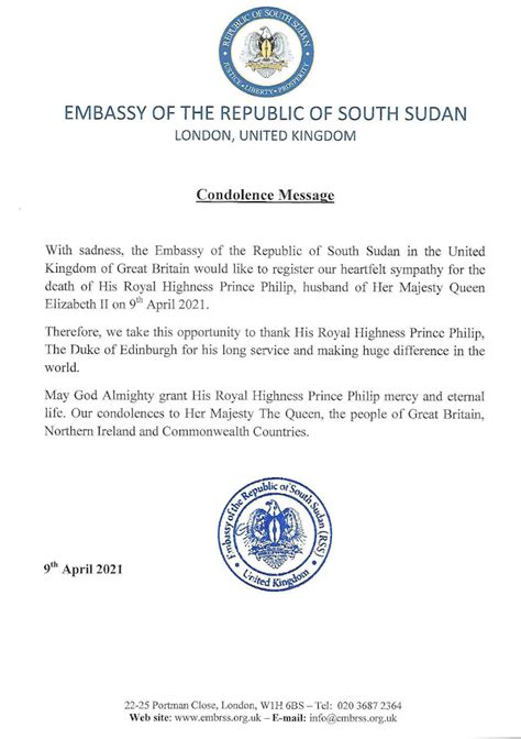 Condolence Message From The Embassy Of The Republic Of South Sudan In