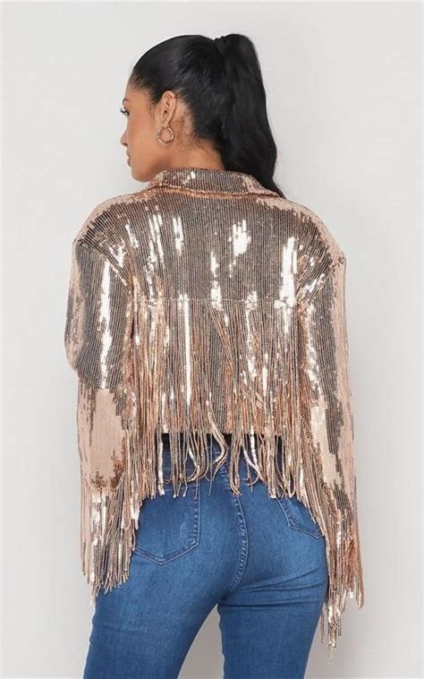 Button Up Sequin Fringe Crop Jacket Rose Gold