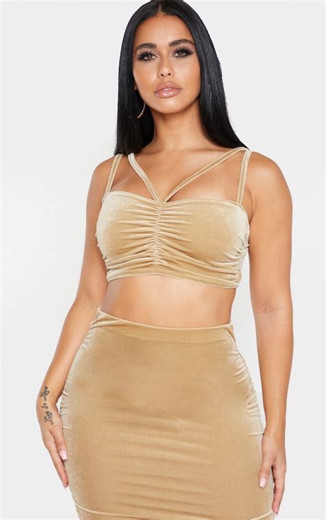 Shape Champagne Velvet Strappy Crop Top Prettylittlething Ca