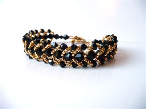 Black and Gold Beaded Jewelry Bracelet Swarovski Crystal