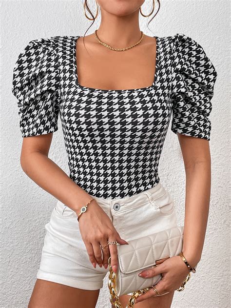 Shein Privé Houndstooth Print Puff Sleeve Tee Shein Usa