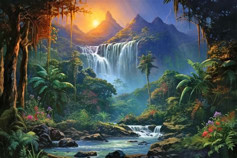 Jungle Waterfall Sunset - Bob Rupp - Digital Art & AI, Landscapes ...