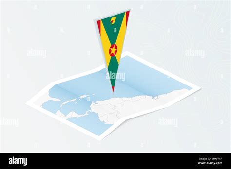 Isometric Paper Map Of Grenada With Triangular Flag Of Grenada In