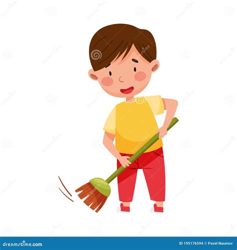 Little Boy Sweeping The Floor With Broom Vector Illustration Stock