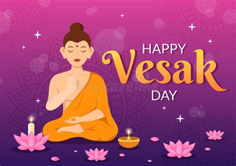 Vesak Day Celebration Vector Illustration With Temple Silhouette Lotus