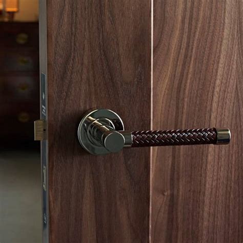 Turnstyle Design Door Handle Woven Tobacco Leather Brushed Nickel Model R2076 Door