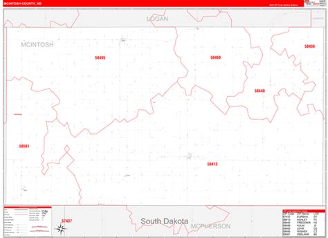 Mcintosh County Nd Zip Code Wall Map Red Line Style By Marketmaps