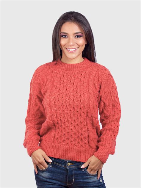 Hand Knit Warm Orange Aran Alpaca Sweater For Women Inti Alpaca