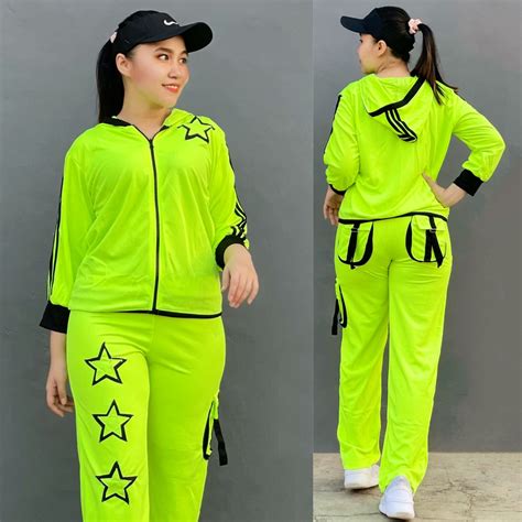 Jual Setelan Baju Senam Lapangan Bintang Stabilo Hitam Zumba Aerobik