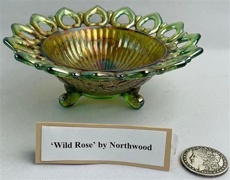 Lot Antique Northwood Carnival Glass Wild Rose Green Open Edge Three Footed Bowl 775 Diameter