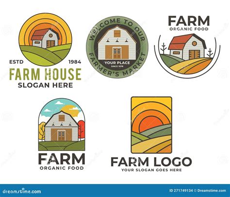 Farm Logos Vector Templates Set With Barn And Farmer Landscape Locally