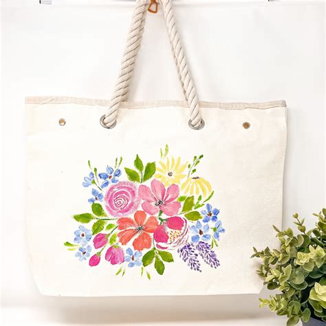 Hand Painted Tote Bag Floral Hand Painted On Canvas Tote Etsy