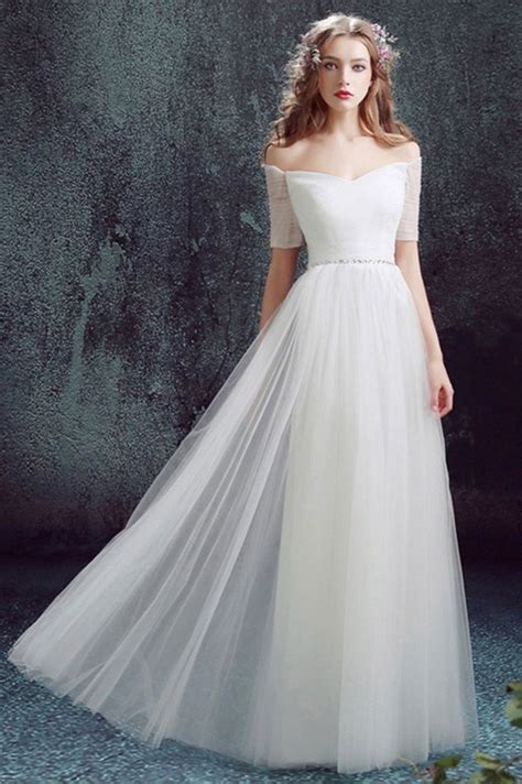 Simple Off The Shoulder Tulle Sleeve Wedding Dress Without Train No Lace