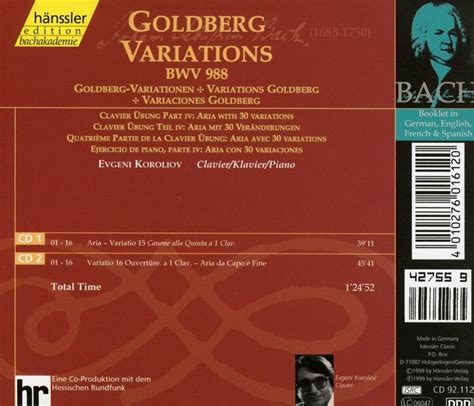 Bach Goldberg Variations EVGENY KOROLIOV Hänssler Edition Bachakademie