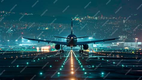 Premium Photo | A plane is on the runway at night with lights on the ground