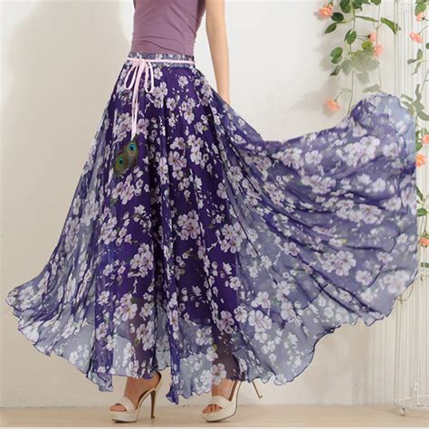 Hot Elegant Fancy Flower Print Skirt Long Women Fashion Peacock Feather