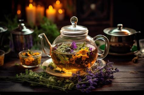 Freshly Brewed Tea In A Glass Teapot Surrounded By An Assortment Of