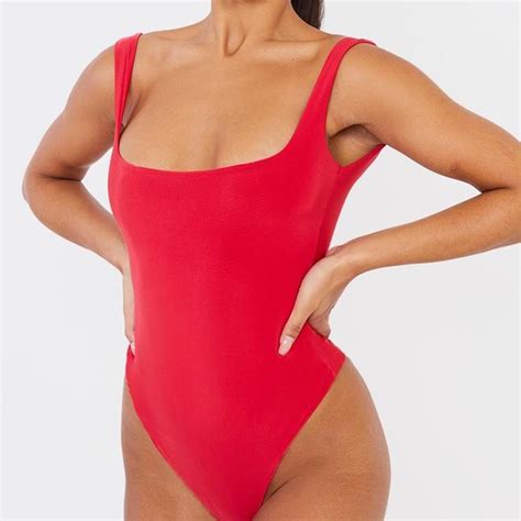 Red Square Neck Sleeveless Thong Bodysuit Depop