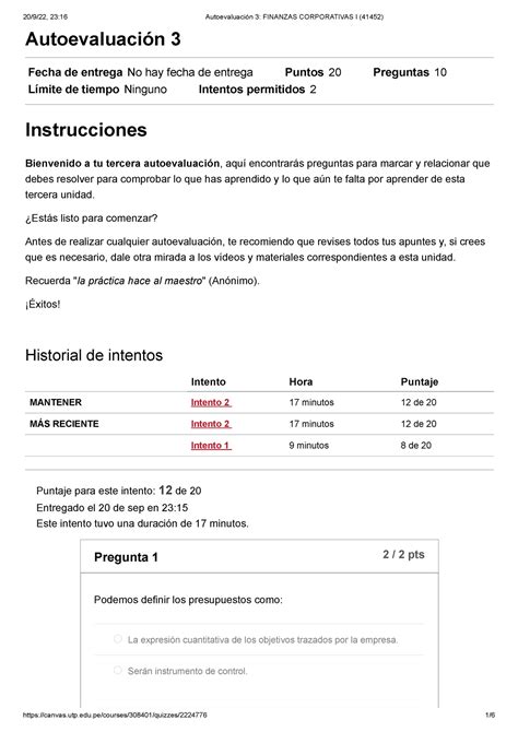 Autoevaluación 3 Finanzas Corporativas I 41452 Autoevaluación 3