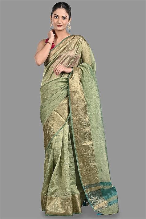 Green Tissue Silk Crushed Banarasi Handloom Saree Set By Zal From