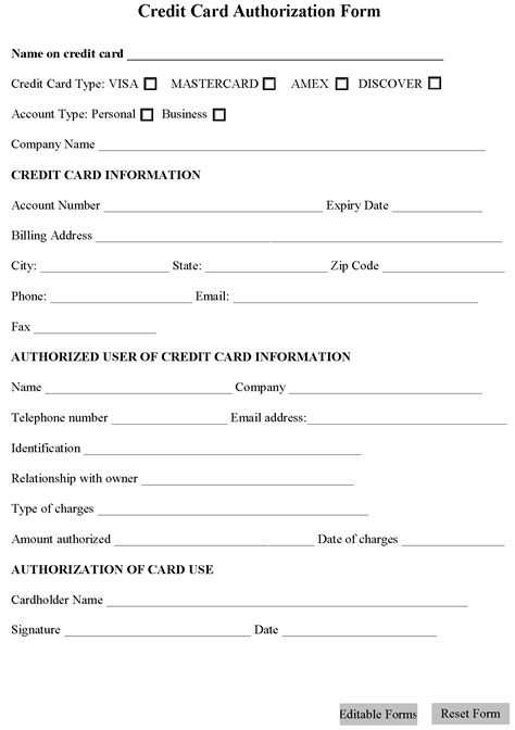 Credit Card Authorization Form Editable Forms