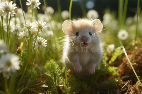 Small White Mouse Standing On Green Grass And White Flowers Background