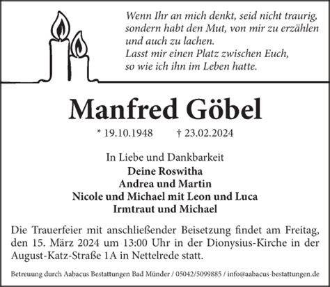 Traueranzeigen Von Manfred G Bel Trauerportal Ihrer Tageszeitung