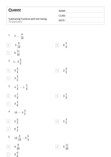 Subtracting Fractions Worksheets For Th Class On Quizizz Free