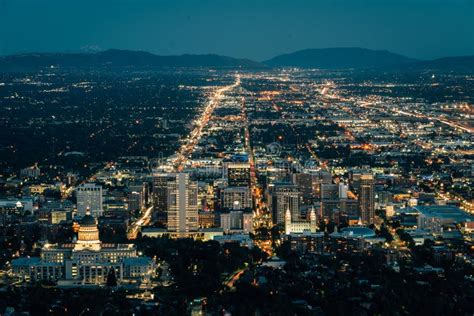 View Of The Downtown Skyline At Night From Ensign Peak In Salt Lake