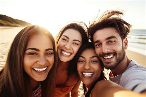 Premium Ai Image Shot Of A Group Of Happy Friends Taking Selfies At