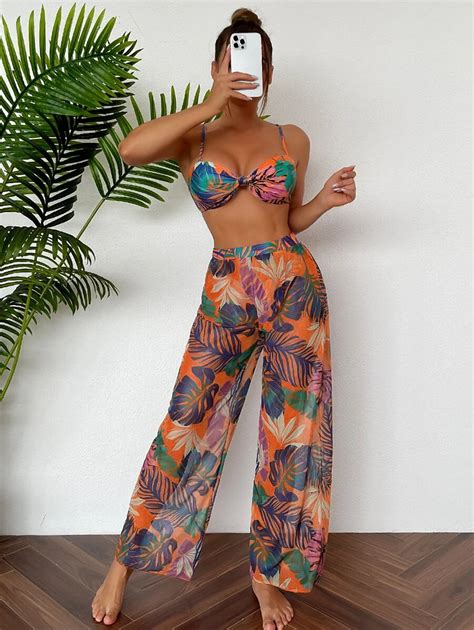 Shein Swim Conjunto De Bikini Estampado Tropical De Piezas Para Playa De Verano Con Cubierta