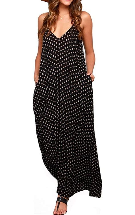 Lilbetter Women V Neck Polka Dot Print Spaghetti Strap Boho Long Maxi