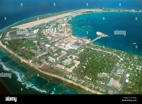 Aerial view of airport and military base in Kuwajelein island Marshall ...