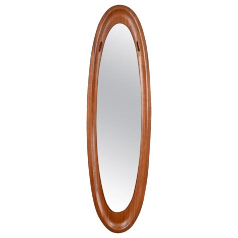 Mid Century Campo And Graffi Curved Teak Wood Oval Wall Mirror Italy